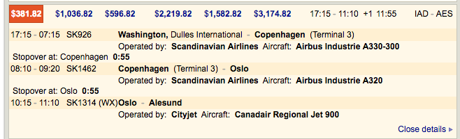 Norway flight Dulles to Alesund