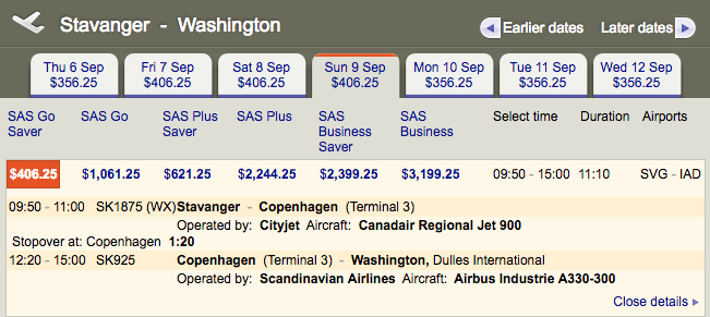Norway flight Stavanger to Dulles